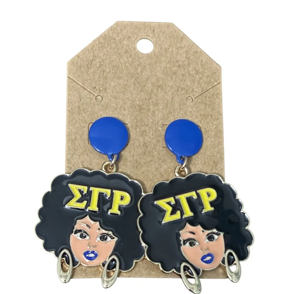 Sigma Gamma Rho Blue and Yellow Afro Earrings - Picture 1 of 3